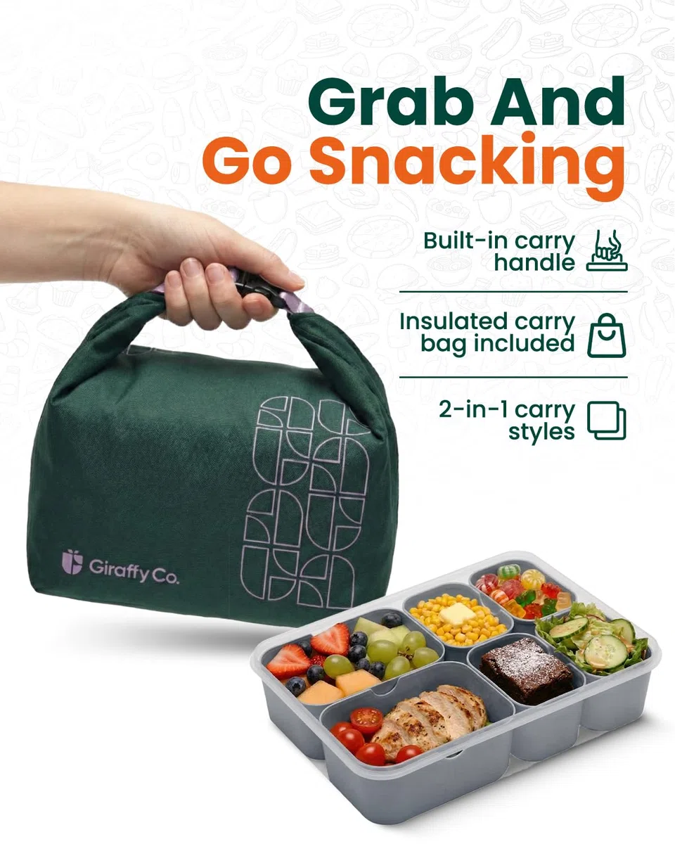 Snackbox szaro-niebieski, przenośna snackle box z torbą termoizolacyjną i wielorazowym wkładem chłodzącym, 6 wyjmowanych przegródek (2 duże + 4 małe) z osobnymi pokrywkami
