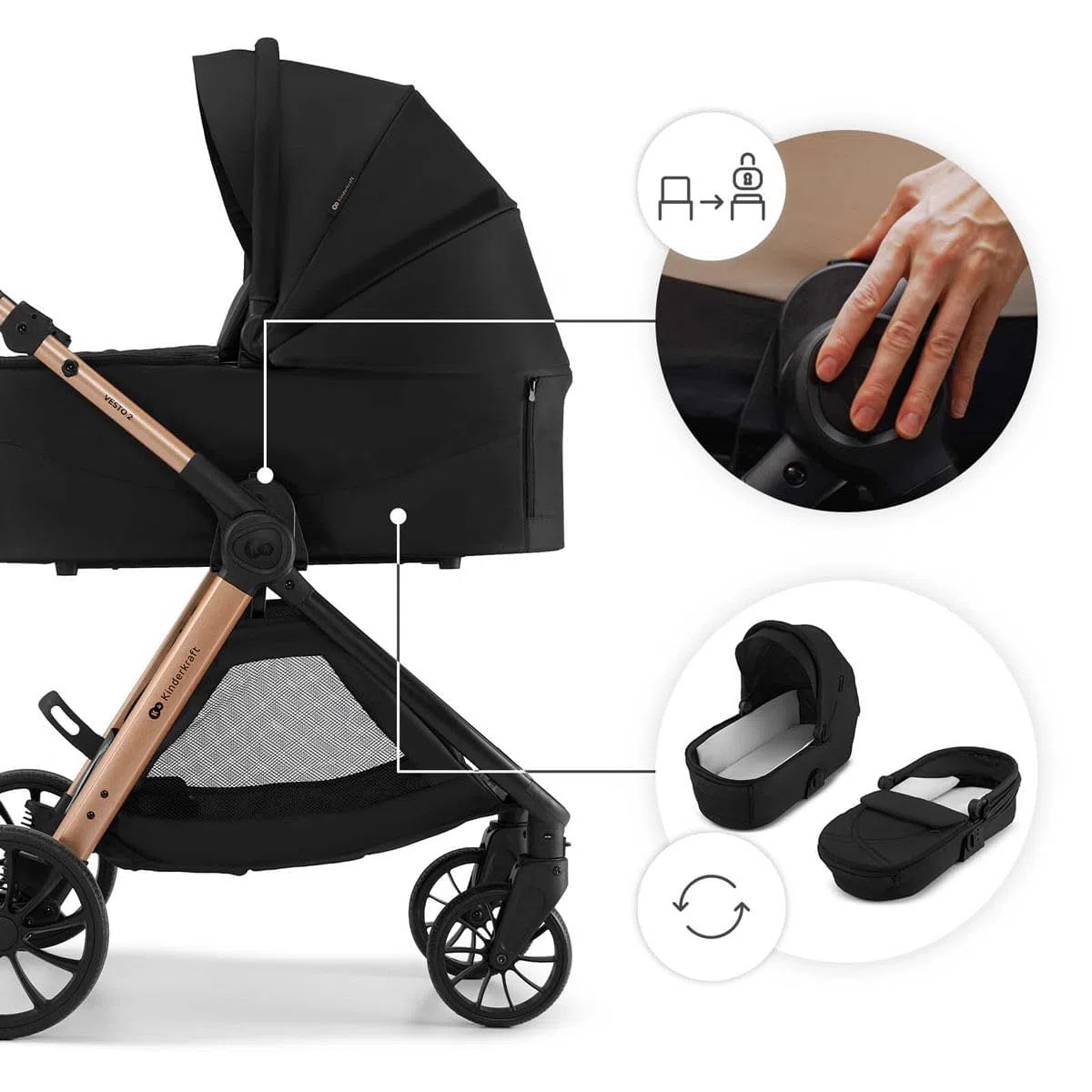 Kinderkraft VESTO Wózek kombi 3 w 1, wózek dziecięcy MINK PRO 2 i fotelik samochodowy od urodzenia do 22 kg, odwracalny fotel sportowy, system podróżny, zawieszenie, koła EVA, składany, czarny