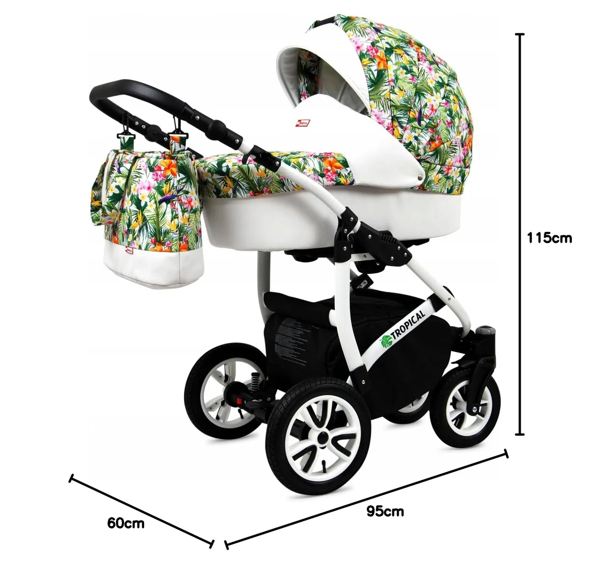 BabyLux Tropical Wózek Dziecięcy 2w1 Głęboki i Spacerowy z Akcesoriami Regulowana i Składana Lekka Aluminiowa Konstrukcja 2 Opcje Montażu Wodoodporny Nieprzebijalne Koła Tropical Flowers