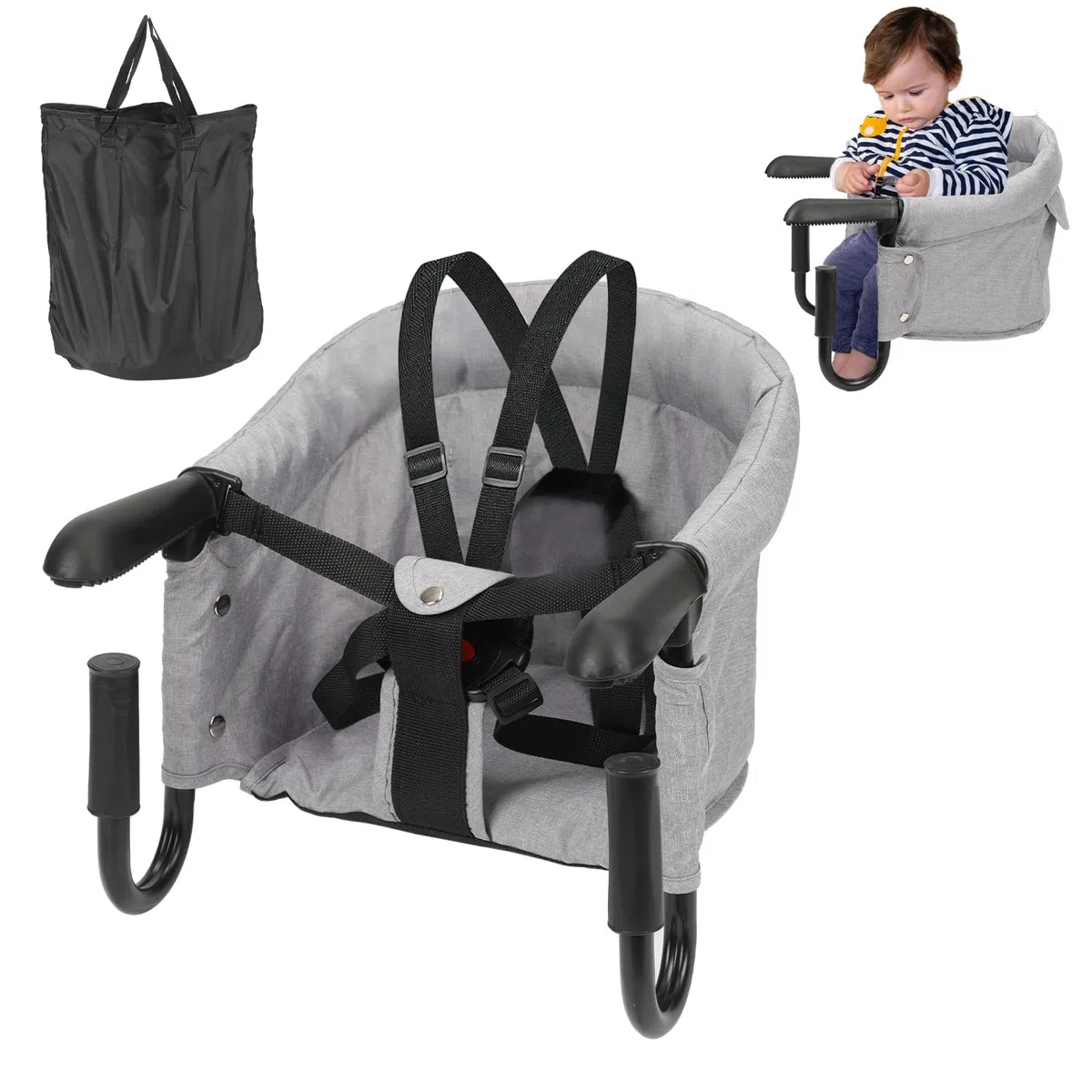 Fotelik stołowy dla niemowląt, składany fotelik dziecięcy, z torbą do przenoszenia, do domu i w podróży, obciążenie 18 kg, kolor szary
