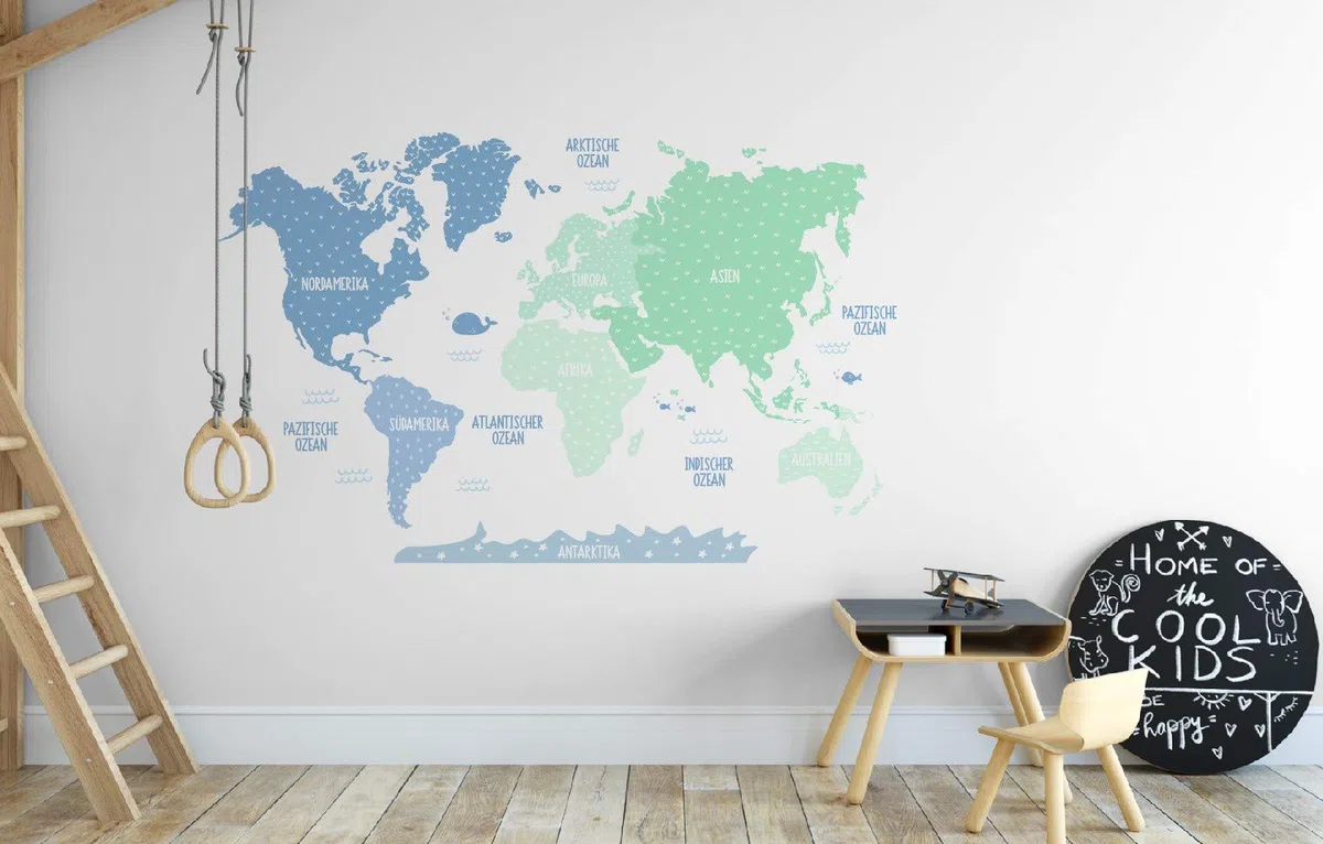 Tatuaż ścienny mapa świata pastelowe kolory niebieski zielony 100 x 160 cm I obrazy dziecięce chłopiec pokój dziecięcy dziewczynka naklejka Osomhome os5010