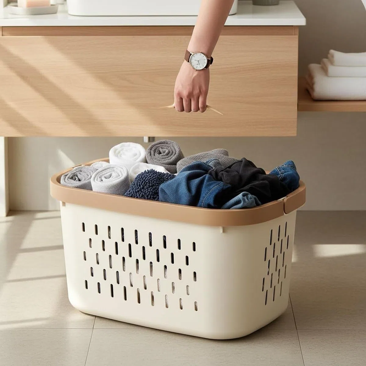 Pojemnik na pranie do sortowania brudnych ubrań dla sypialni i szafy, lekki kosz z uchwytami, oszczędzający miejsce, do małych mieszkań, kremowy, Cream, Medium