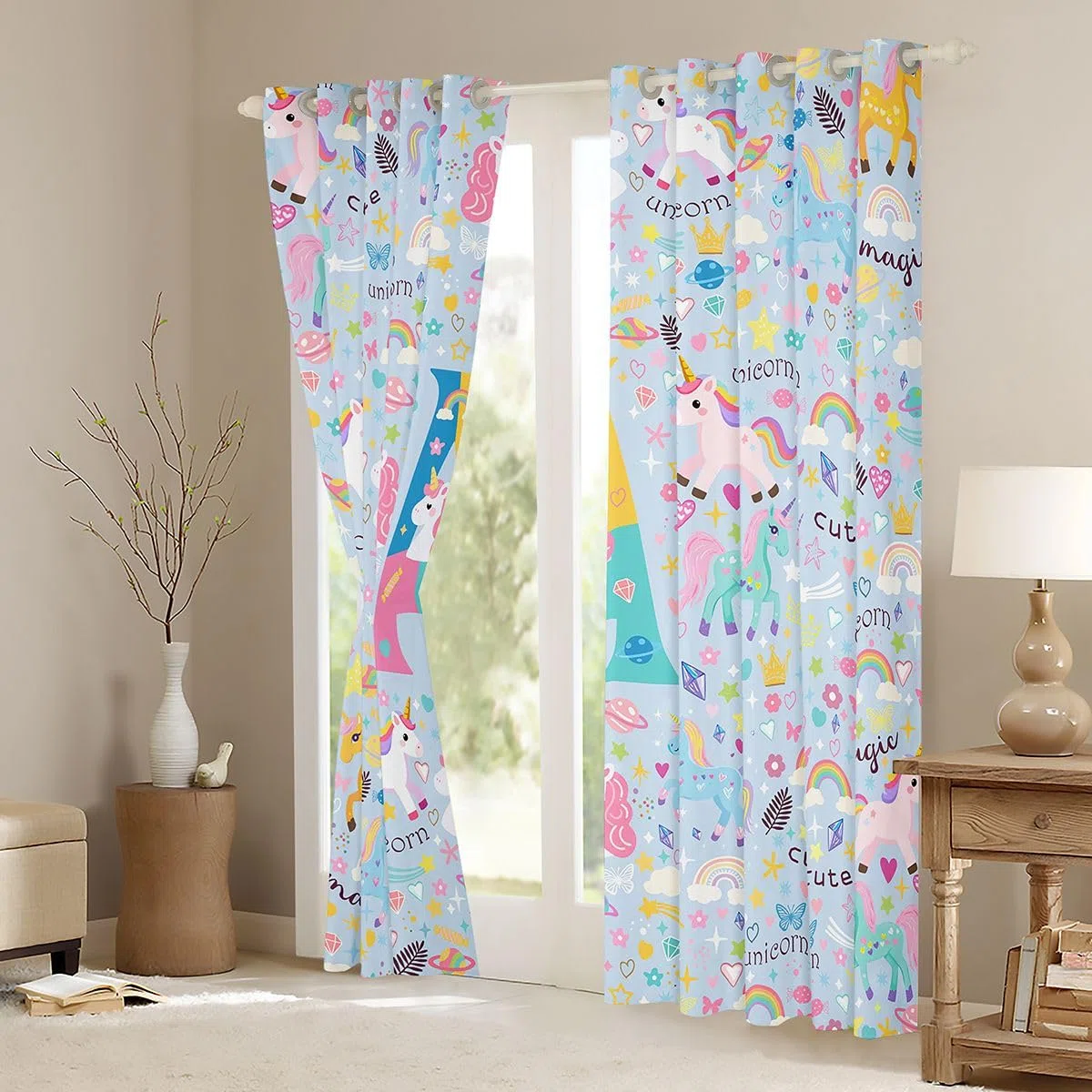 Homewish Inicjał A Jednorożec, zasłony okienne, 132 x 160 cm, 2 zestawy paneli - uroczy kawaii jednorożec, zasłony zaciemniające, niebieskie, tęczowe, kwiatowe zasłony okienne, kolorowe motyle do