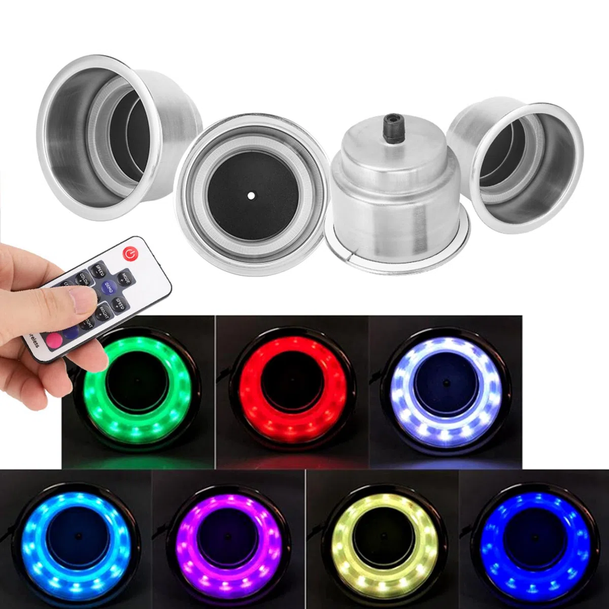 Jiawu Uchwyt na Kubek RGB, Stal Nierdzewna 304 Odporna na Zużycie, Odporna Ciepło, Uchwyt Kubek z Diodami LED, do Morskiego RV z Pilotem do Morskiego Samochodu Kempingowego Yacht Car