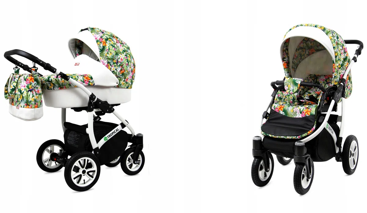 BabyLux Tropical Wózek Dziecięcy 2w1 Głęboki i Spacerowy z Akcesoriami Regulowana i Składana Lekka Aluminiowa Konstrukcja 2 Opcje Montażu Wodoodporny Nieprzebijalne Koła Tropical Flowers