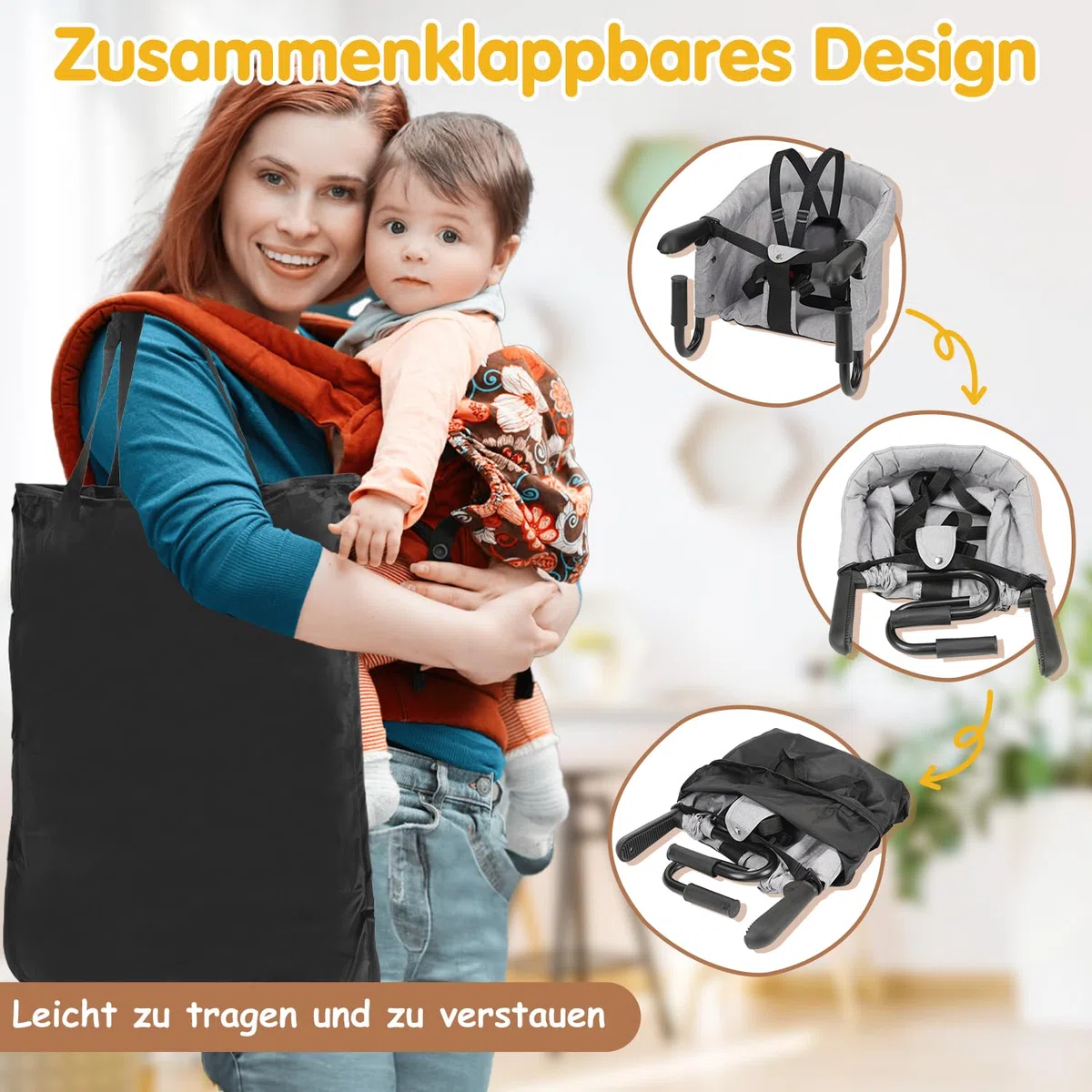 Fotelik stołowy dla niemowląt, składany fotelik dziecięcy, z torbą do przenoszenia, do domu i w podróży, obciążenie 18 kg, kolor szary