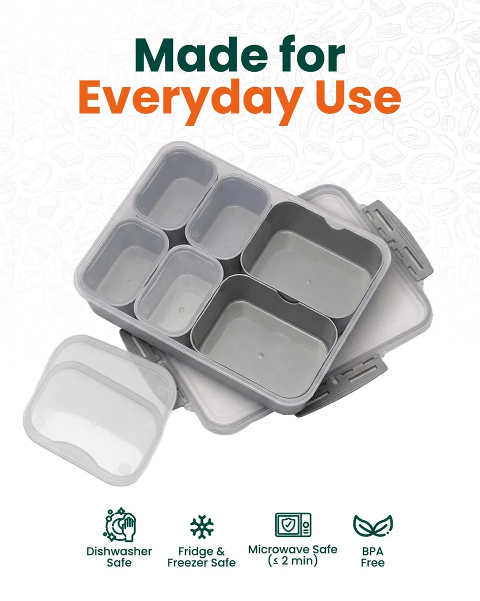 Snackbox szaro-niebieski, przenośna snackle box z torbą termoizolacyjną i wielorazowym wkładem chłodzącym, 6 wyjmowanych przegródek (2 duże + 4 małe) z osobnymi pokrywkami
