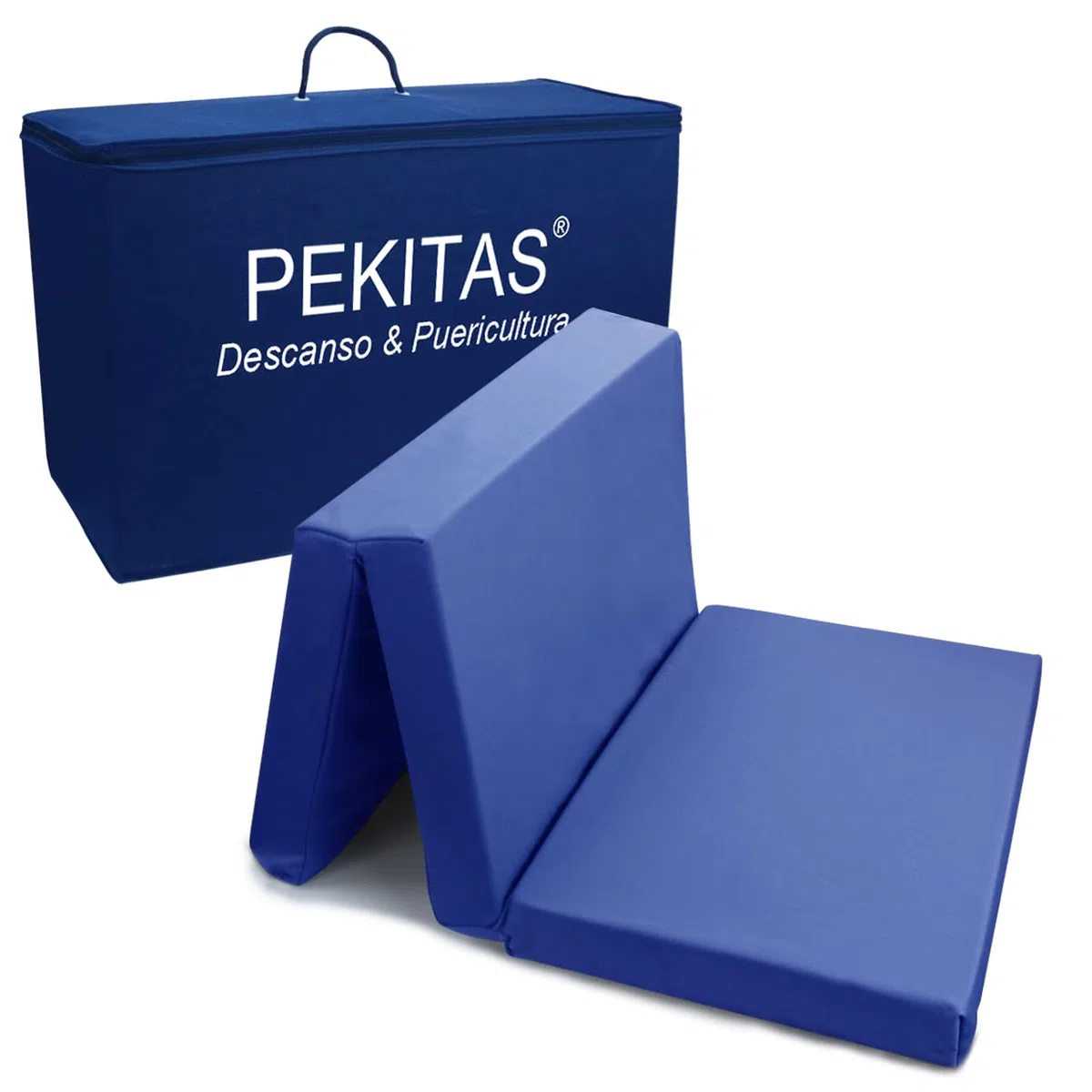 PEKITAS Składany materac podróżny 60 x 120 cm; grubość 6 cm – zmywalny, oddychający, nie toksyczny, ciemnoniebieski, pokrowiec, wyprodukowano w Hiszpanii