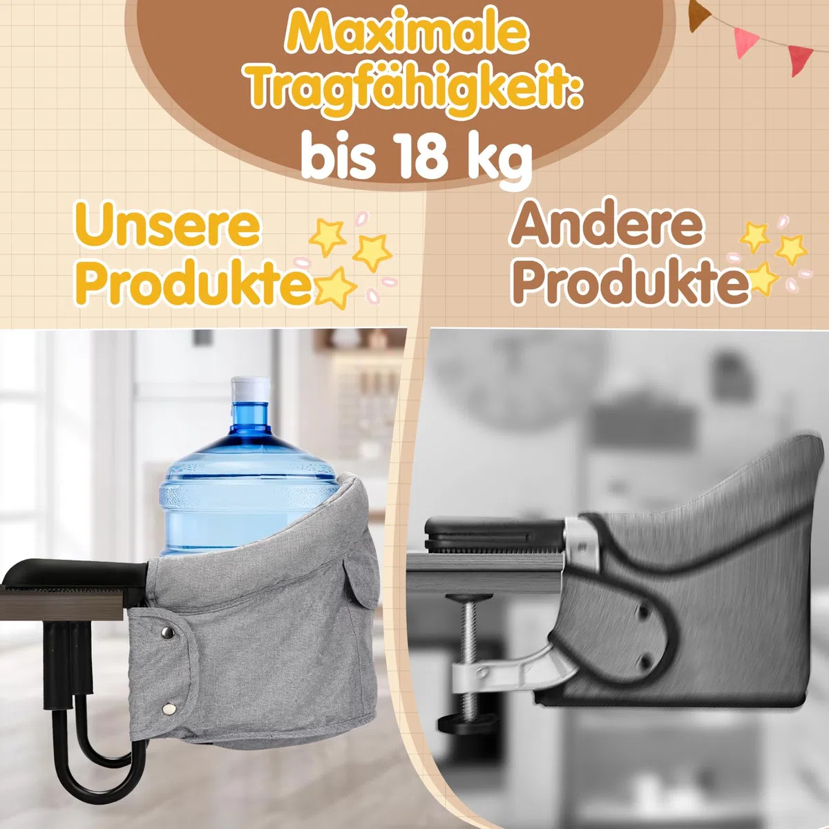 Fotelik stołowy dla niemowląt, składany fotelik dziecięcy, z torbą do przenoszenia, do domu i w podróży, obciążenie 18 kg, kolor szary