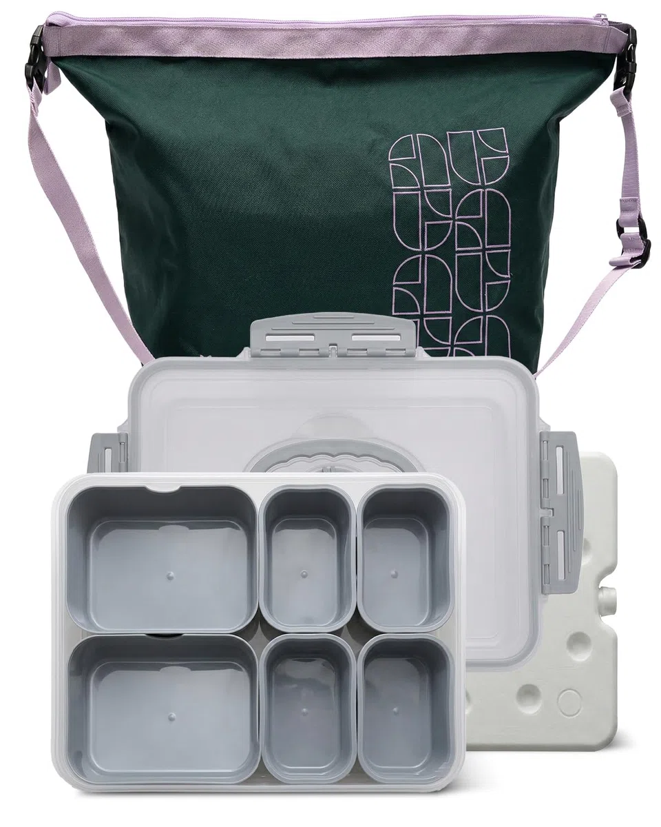 Snackbox szaro-niebieski, przenośna snackle box z torbą termoizolacyjną i wielorazowym wkładem chłodzącym, 6 wyjmowanych przegródek (2 duże + 4 małe) z osobnymi pokrywkami