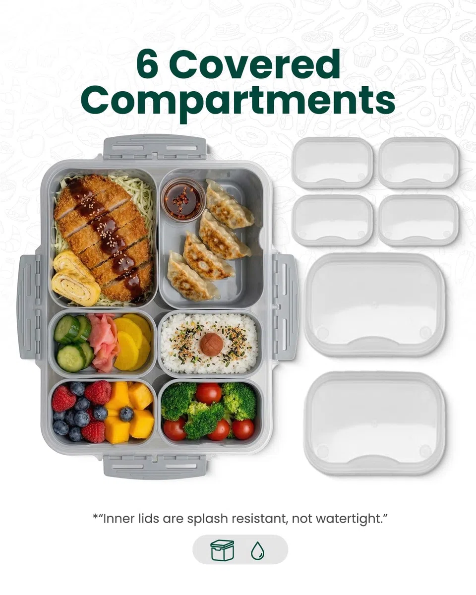 Snackbox szaro-niebieski, przenośna snackle box z torbą termoizolacyjną i wielorazowym wkładem chłodzącym, 6 wyjmowanych przegródek (2 duże + 4 małe) z osobnymi pokrywkami