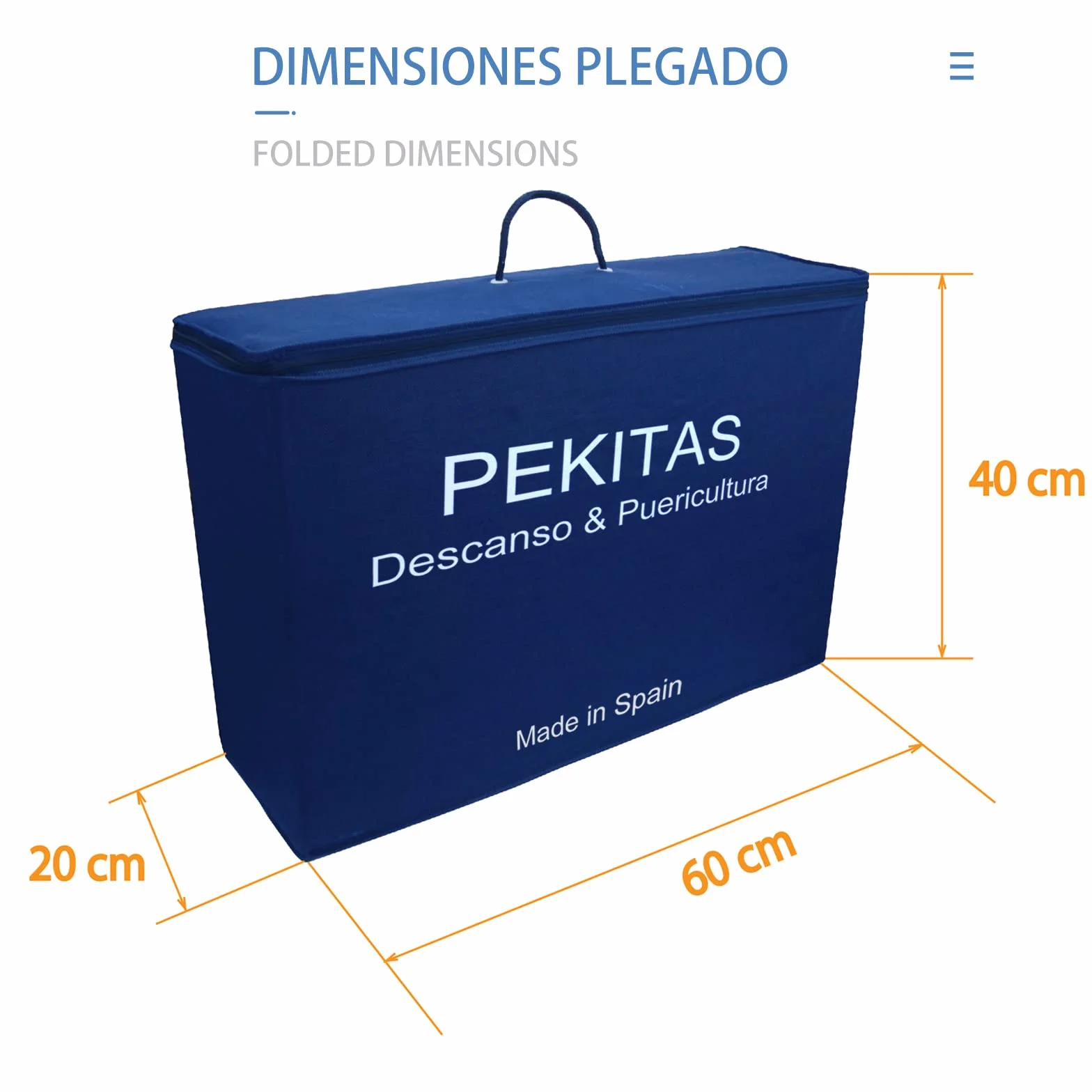 PEKITAS Składany materac podróżny 60 x 120 cm; grubość 6 cm – zmywalny, oddychający, nie toksyczny, ciemnoniebieski, pokrowiec, wyprodukowano w Hiszpanii