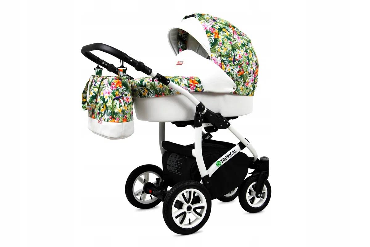 BabyLux Tropical Wózek Dziecięcy 2w1 Głęboki i Spacerowy z Akcesoriami Regulowana i Składana Lekka Aluminiowa Konstrukcja 2 Opcje Montażu Wodoodporny Nieprzebijalne Koła Tropical Flowers