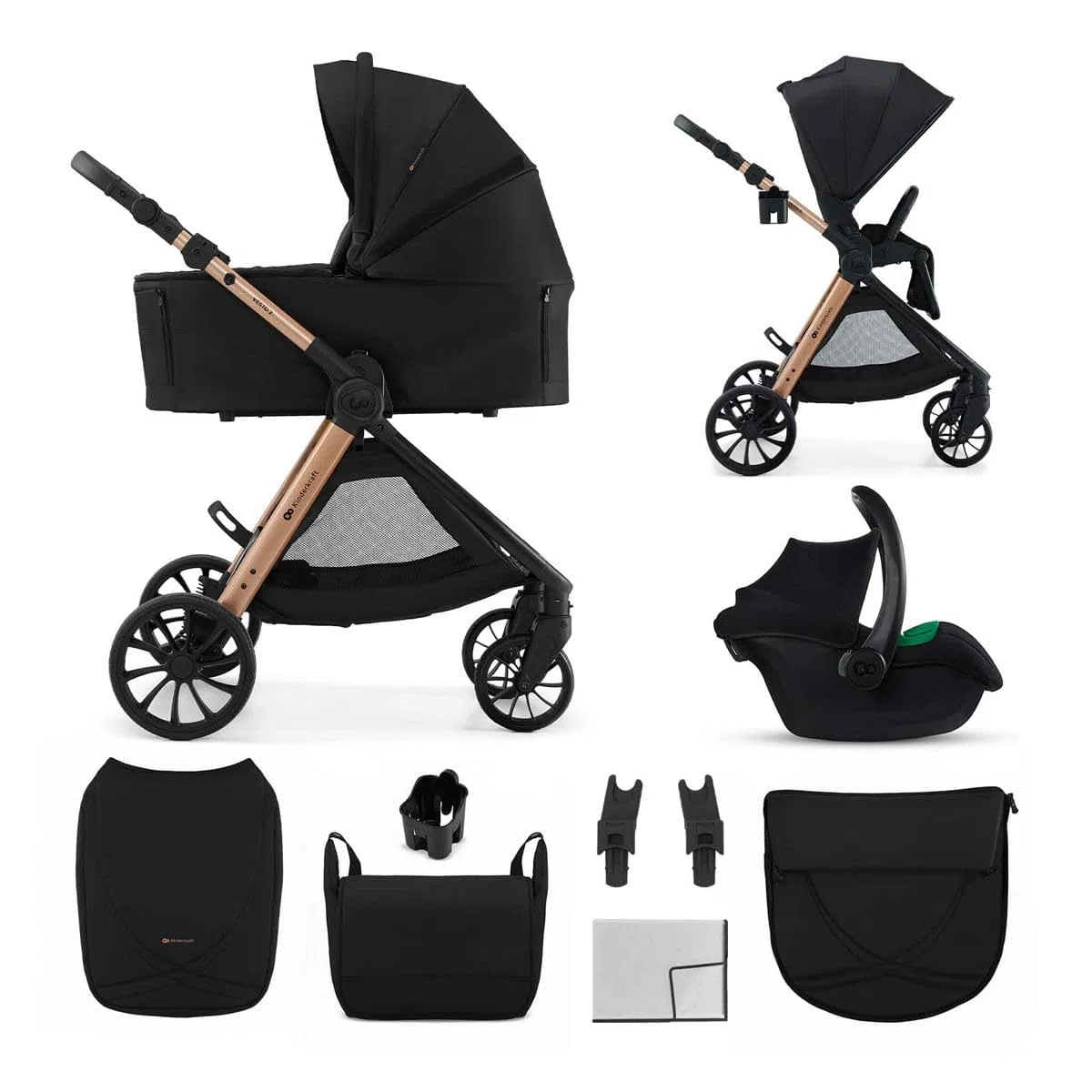 Kinderkraft VESTO Wózek kombi 3 w 1, wózek dziecięcy MINK PRO 2 i fotelik samochodowy od urodzenia do 22 kg, odwracalny fotel sportowy, system podróżny, zawieszenie, koła EVA, składany, czarny
