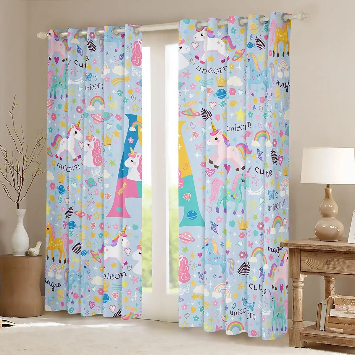 Homewish Inicjał A Jednorożec, zasłony okienne, 132 x 160 cm, 2 zestawy paneli - uroczy kawaii jednorożec, zasłony zaciemniające, niebieskie, tęczowe, kwiatowe zasłony okienne, kolorowe motyle do