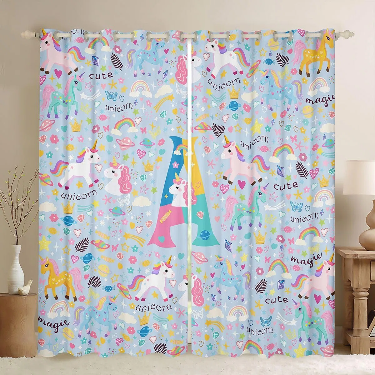 Homewish Inicjał A Jednorożec, zasłony okienne, 132 x 160 cm, 2 zestawy paneli - uroczy kawaii jednorożec, zasłony zaciemniające, niebieskie, tęczowe, kwiatowe zasłony okienne, kolorowe motyle do